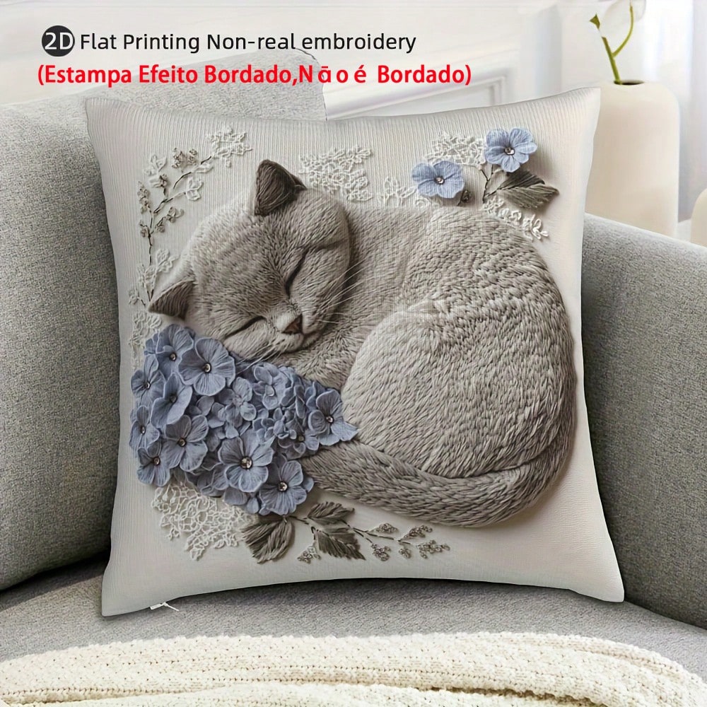 1pc Cute Slouchy Cat Printed Pillowcase, Cartoon Style Peach Skin Square Single Side Print Without Pillow Core Hidden Zipper Pillow Cover Suitable For Sofa And Bed Decoration