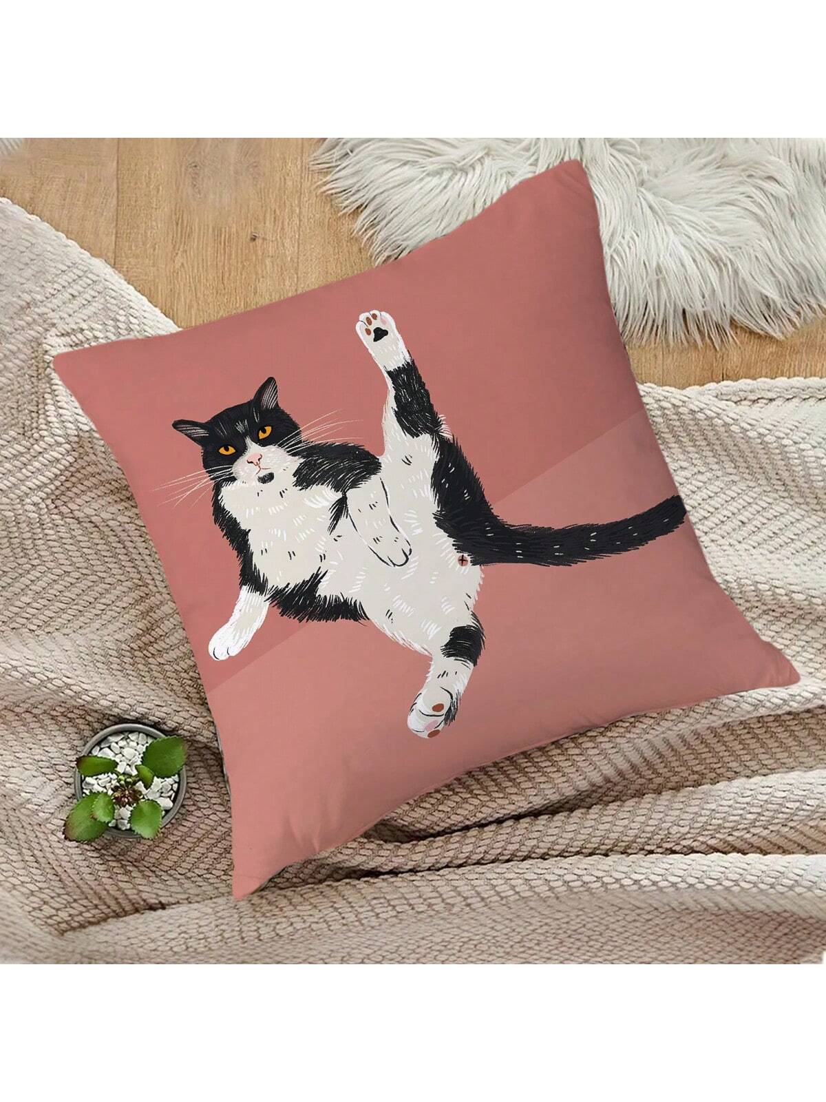 1pc Cute Slouchy Cat Printed Pillowcase, Cartoon Style Peach Skin Square Single Side Print Without Pillow Core Hidden Zipper Pillow Cover Suitable For Sofa And Bed Decoration
