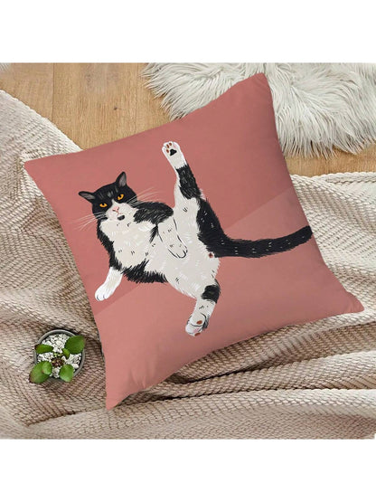1pc Cute Slouchy Cat Printed Pillowcase, Cartoon Style Peach Skin Square Single Side Print Without Pillow Core Hidden Zipper Pillow Cover Suitable For Sofa And Bed Decoration