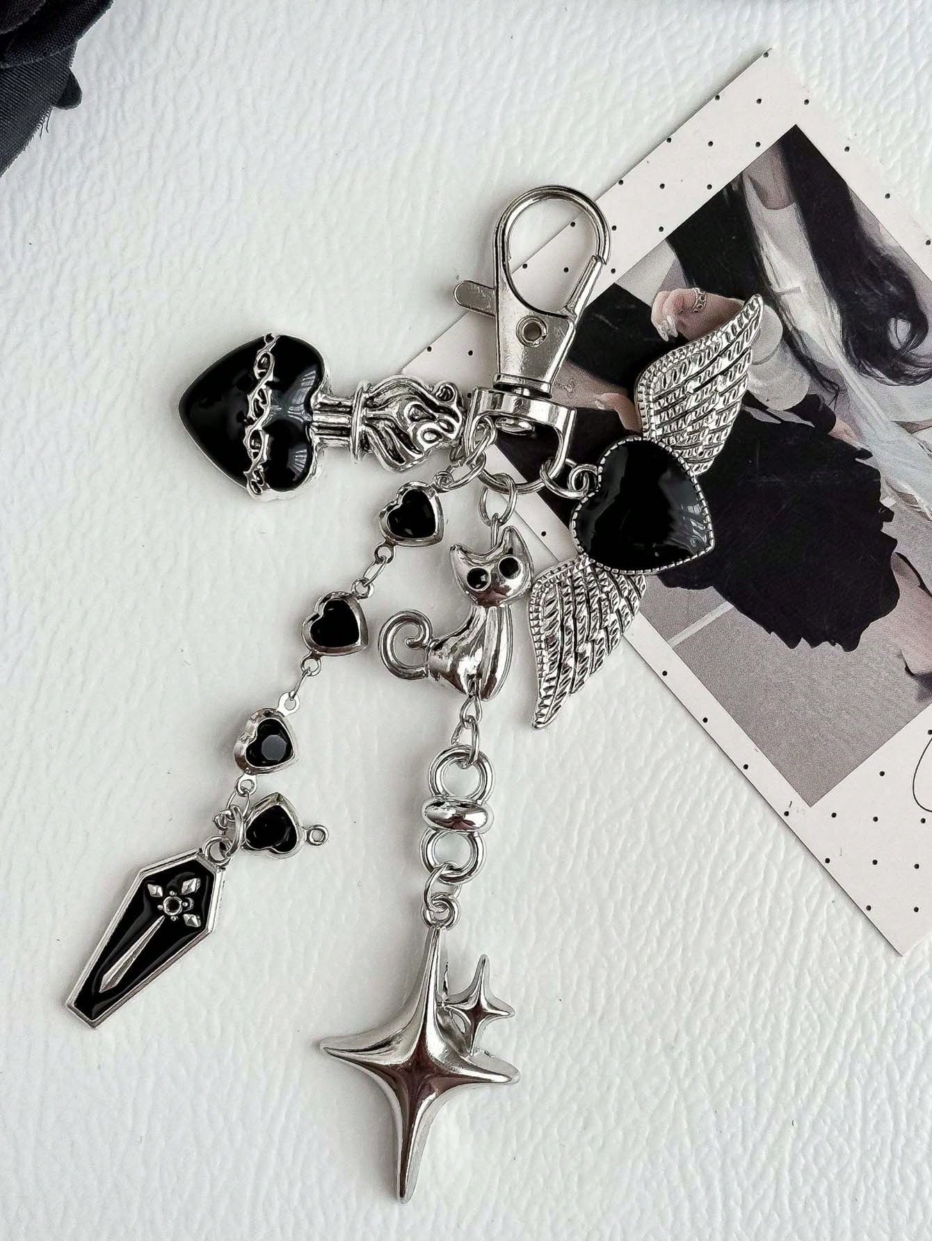 1pc Dark Sweet Cool Personalized Heart Wing Phone Bag Charm Cat Keychain Bag Pendant