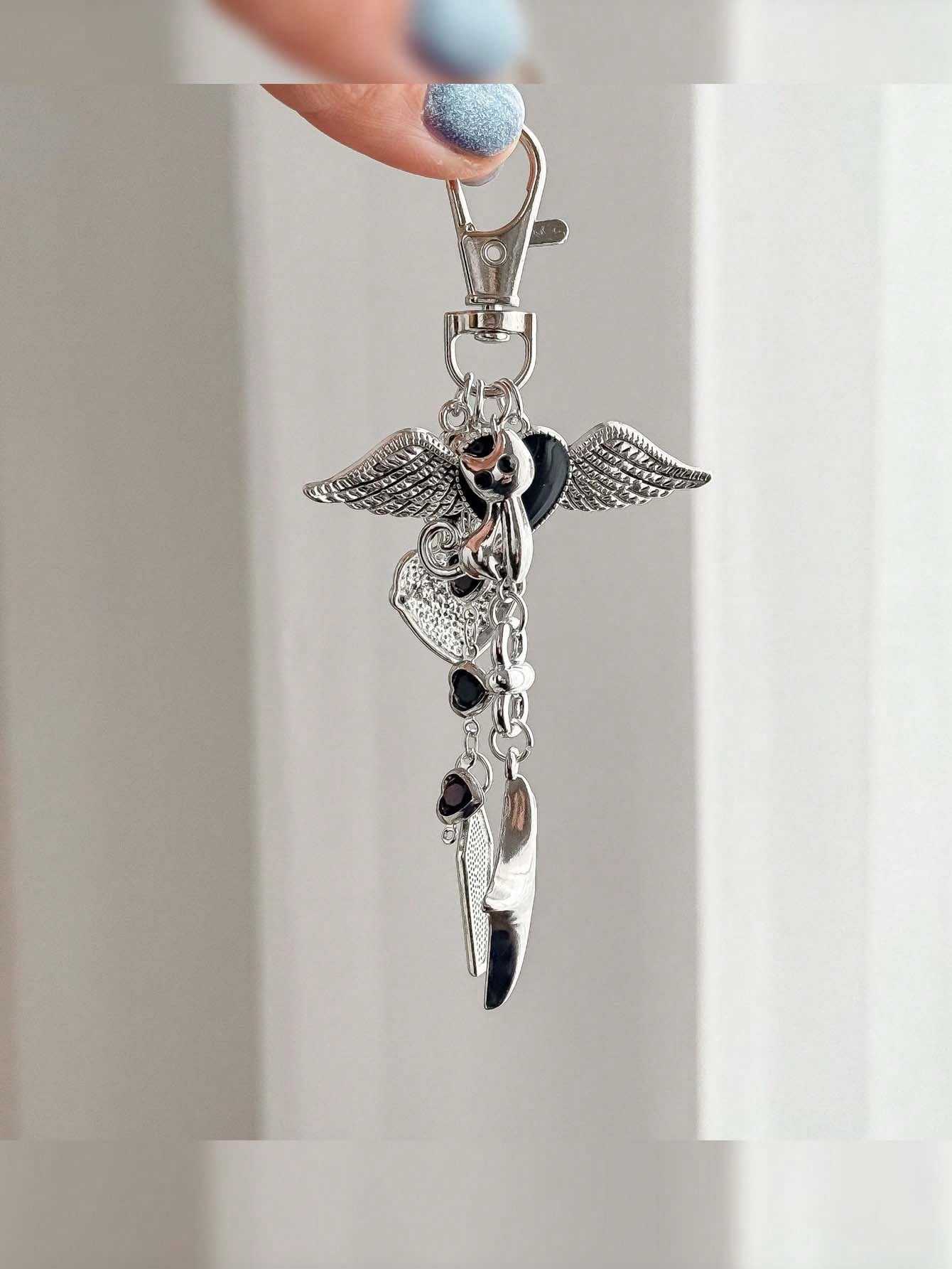 1pc Dark Sweet Cool Personalized Heart Wing Phone Bag Charm Cat Keychain Bag Pendant