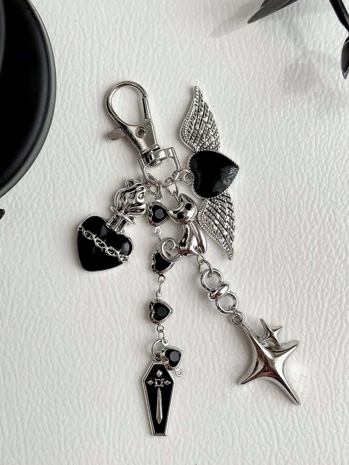 1pc Dark Sweet Cool Personalized Heart Wing Phone Bag Charm Cat Keychain Bag Pendant