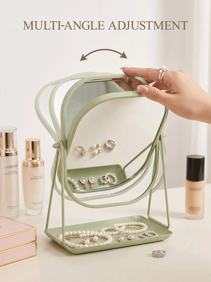 1Pc Desktop Jewelry Storage Organizer, INS-Style Metal Frame With HD Makeup Mirror & Adjustable Stand, Portable Holder For Dorm, Travel, Bathroom & Office Countertop, Multi-Functional Cosmetic Accesso