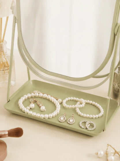 1Pc Desktop Jewelry Storage Organizer, INS-Style Metal Frame With HD Makeup Mirror & Adjustable Stand, Portable Holder For Dorm, Travel, Bathroom & Office Countertop, Multi-Functional Cosmetic Accesso
