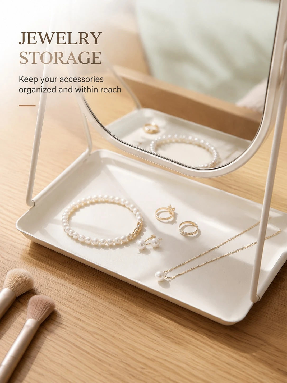 1Pc Desktop Jewelry Storage Organizer, INS-Style Metal Frame With HD Makeup Mirror & Adjustable Stand, Portable Holder For Dorm, Travel, Bathroom & Office Countertop, Multi-Functional Cosmetic Accesso