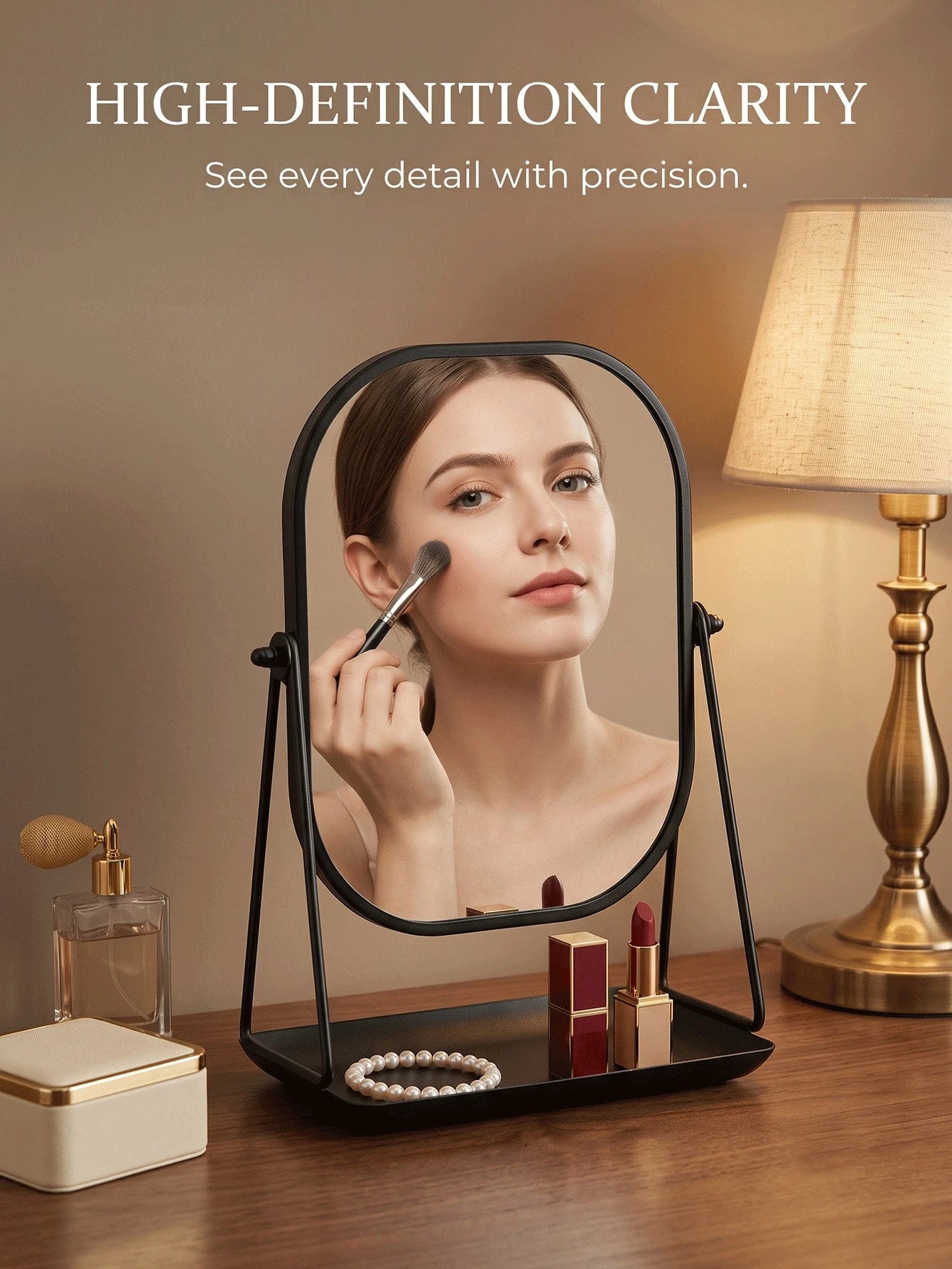 1Pc Desktop Jewelry Storage Organizer, INS-Style Metal Frame With HD Makeup Mirror & Adjustable Stand, Portable Holder For Dorm, Travel, Bathroom & Office Countertop, Multi-Functional Cosmetic Accesso