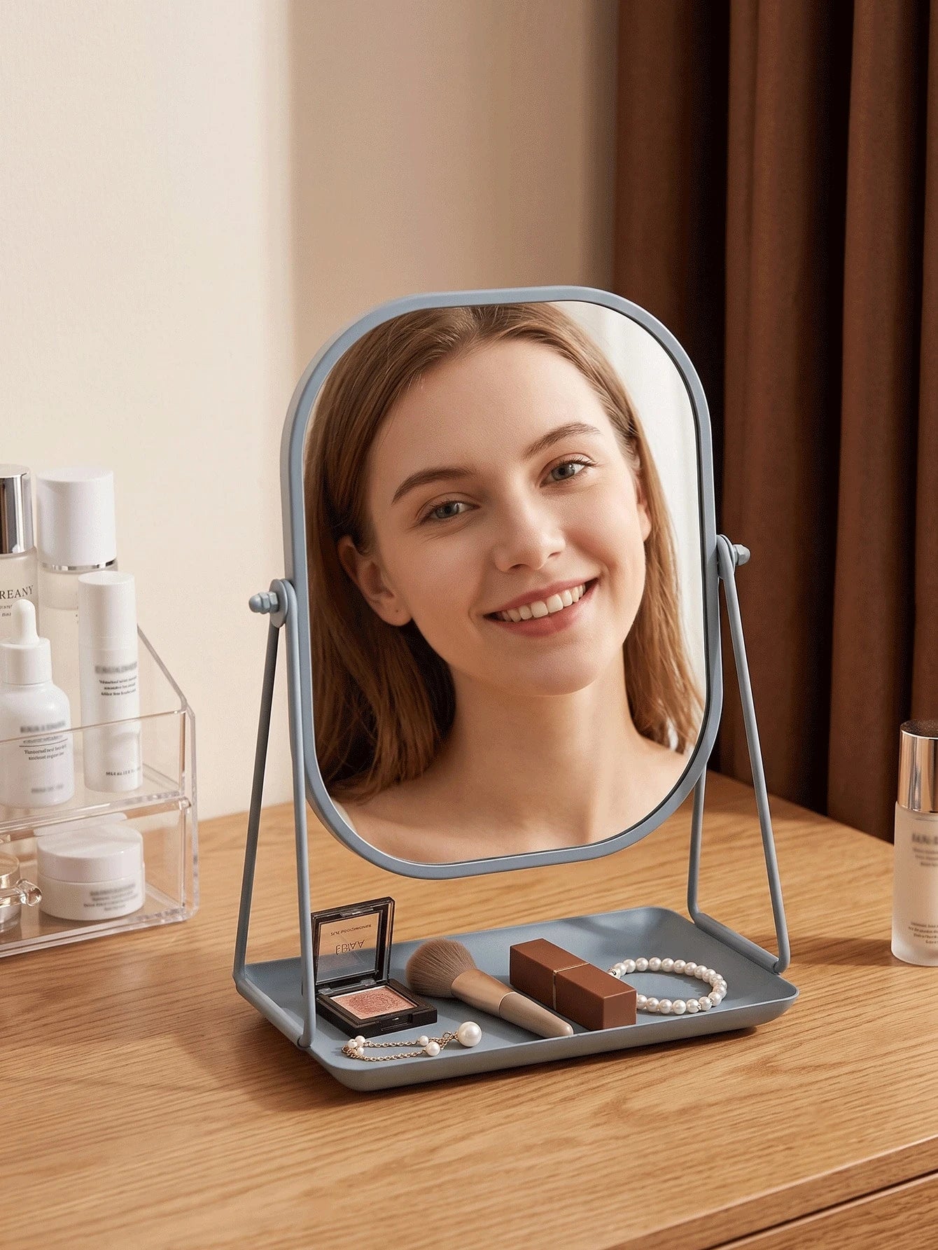 1Pc Desktop Jewelry Storage Organizer, INS-Style Metal Frame With HD Makeup Mirror & Adjustable Stand, Portable Holder For Dorm, Travel, Bathroom & Office Countertop, Multi-Functional Cosmetic Accesso