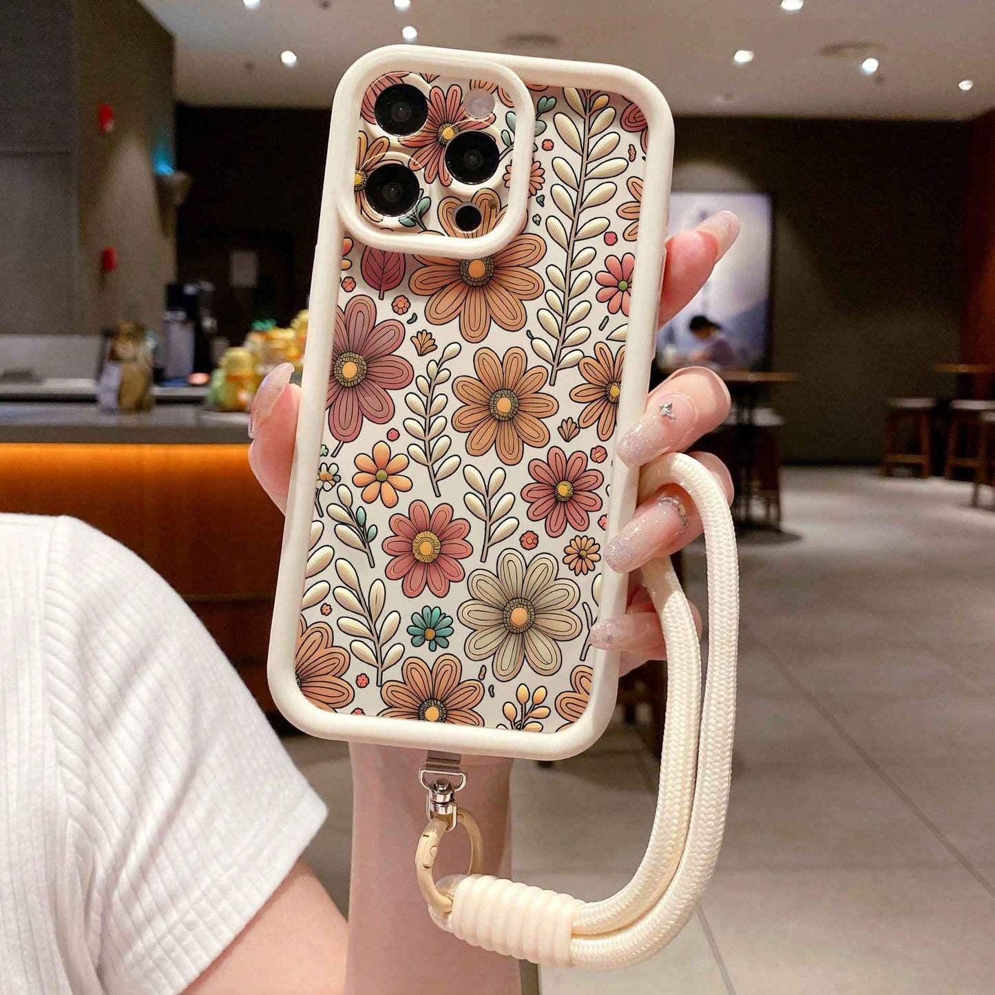 1pc Detachable Wrist Strap Accessory + Printed Beige Sandstone Anti-Drop Anti-Scratch Perforated Lens Protection Phone Case, Compatible With IPhone/OPPO/Redmi/Honor And Other Series
