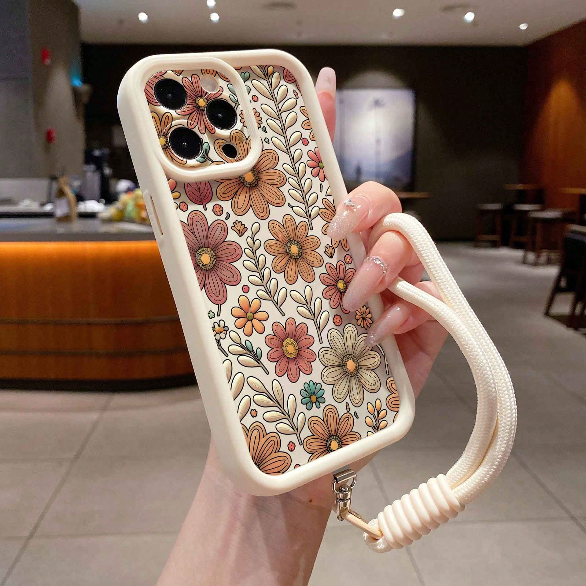 1pc Detachable Wrist Strap Accessory + Printed Beige Sandstone Anti-Drop Anti-Scratch Perforated Lens Protection Phone Case, Compatible With IPhone/OPPO/Redmi/Honor And Other Series