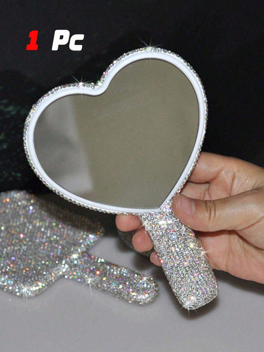 1pc Diamond-Encrusted Heart Shaped Makeup Mirror, Luxury Sparkling Crystal Rhinestone Vanity Mirror, Suitable For Travel, Home Or Gift,Makeup,Cheap,Room Decor,Vanity,Travel,Bedroom,Makeup Accessories