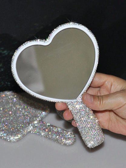 1pc Diamond-Encrusted Heart Shaped Makeup Mirror, Luxury Sparkling Crystal Rhinestone Vanity Mirror, Suitable For Travel, Home Or Gift,Makeup,Cheap,Room Decor,Vanity,Travel,Bedroom,Makeup Accessories