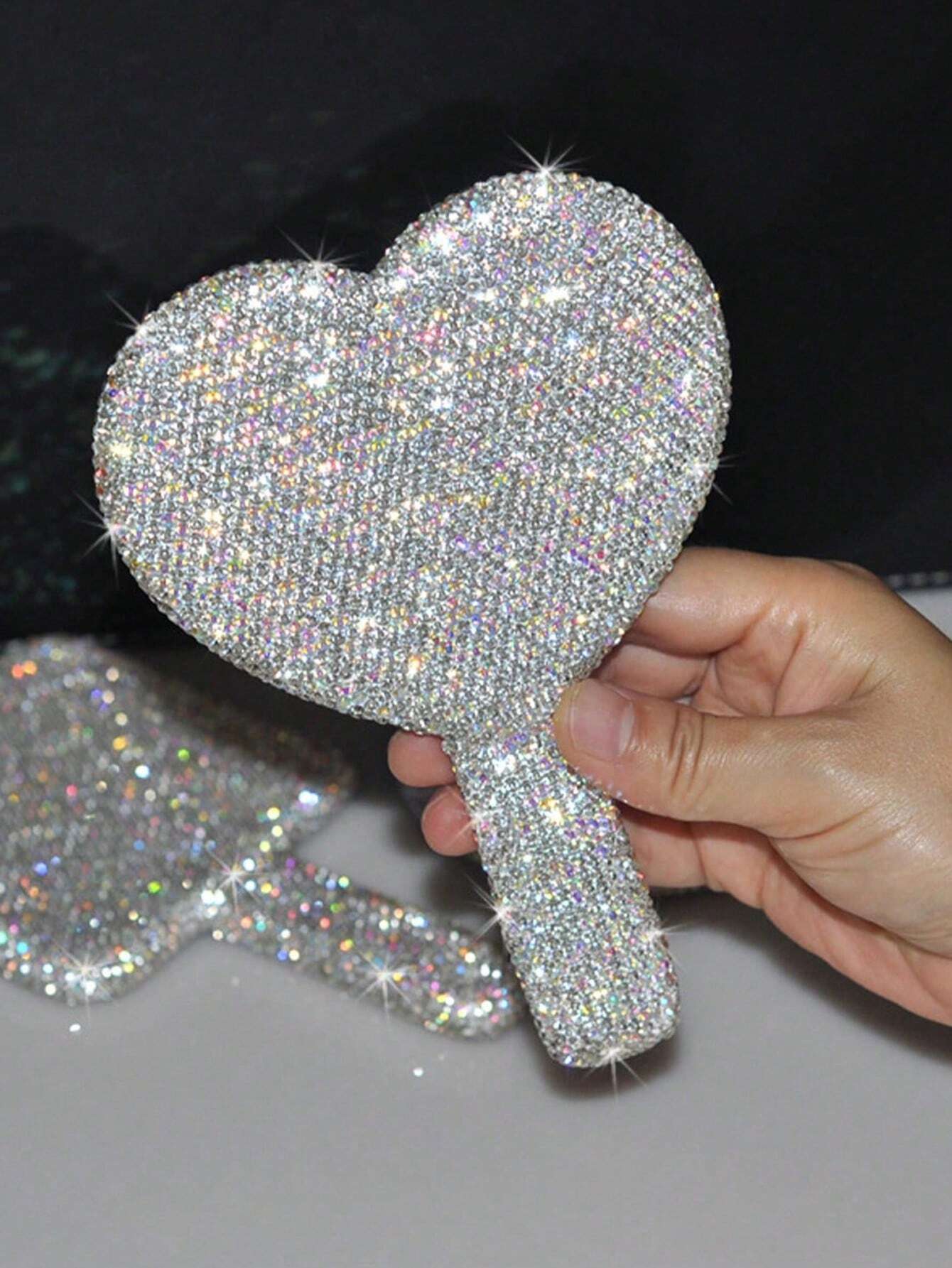 1pc Diamond-Encrusted Heart Shaped Makeup Mirror, Luxury Sparkling Crystal Rhinestone Vanity Mirror, Suitable For Travel, Home Or Gift,Makeup,Cheap,Room Decor,Vanity,Travel,Bedroom,Makeup Accessories