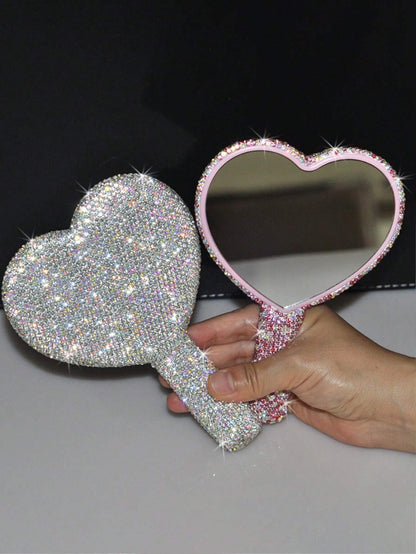 1pc Diamond-Encrusted Heart Shaped Makeup Mirror, Luxury Sparkling Crystal Rhinestone Vanity Mirror, Suitable For Travel, Home Or Gift,Makeup,Cheap,Room Decor,Vanity,Travel,Bedroom,Makeup Accessories