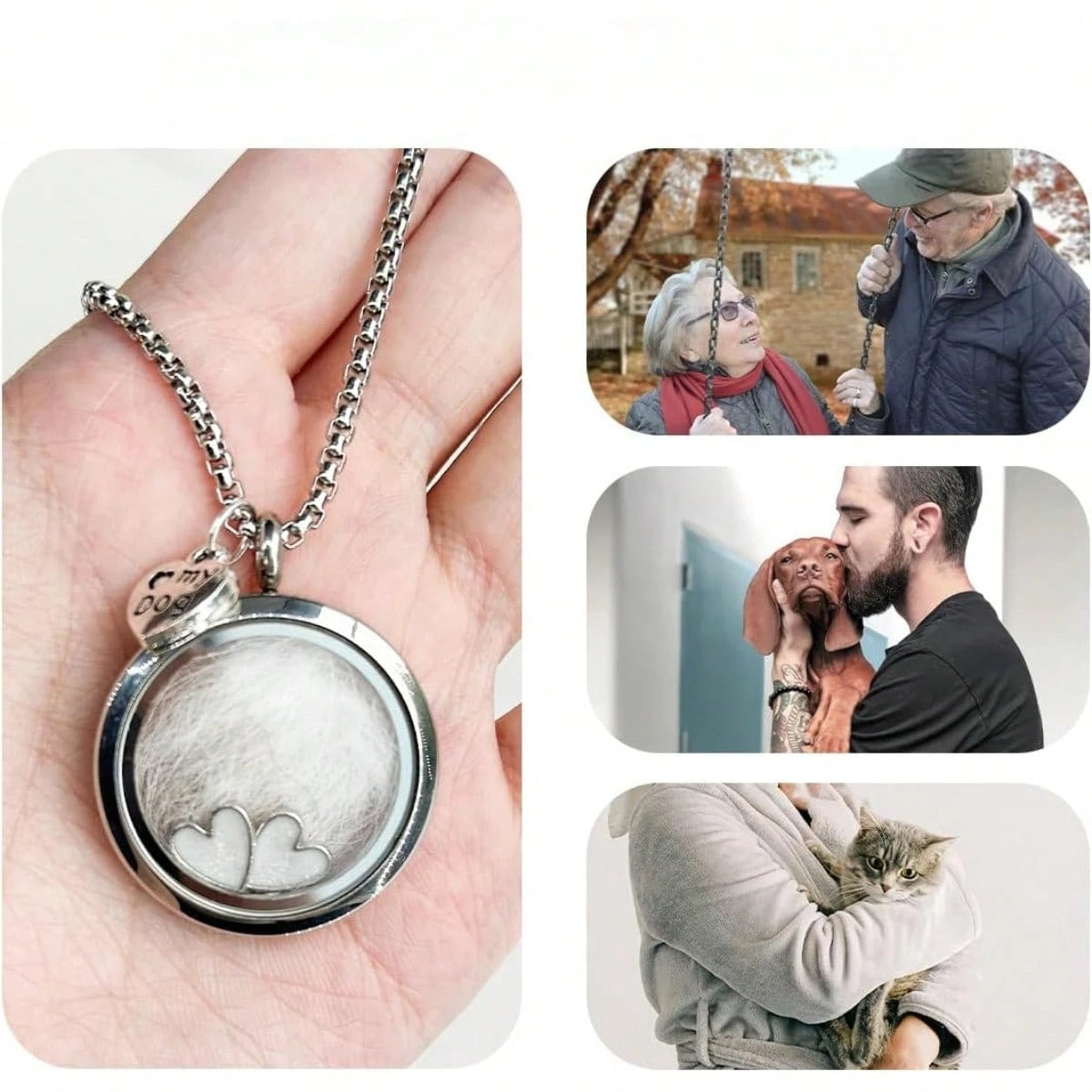 1Pc DIY Pet Hair & Teeth Memorial Locket Necklace, Rotatable Glass Memory Pendant, Storage For Cat Dog Fur & Tiny Teeth, With Heart Charms, Sentimental Keepsake Jewelry Gift For Pet Owners