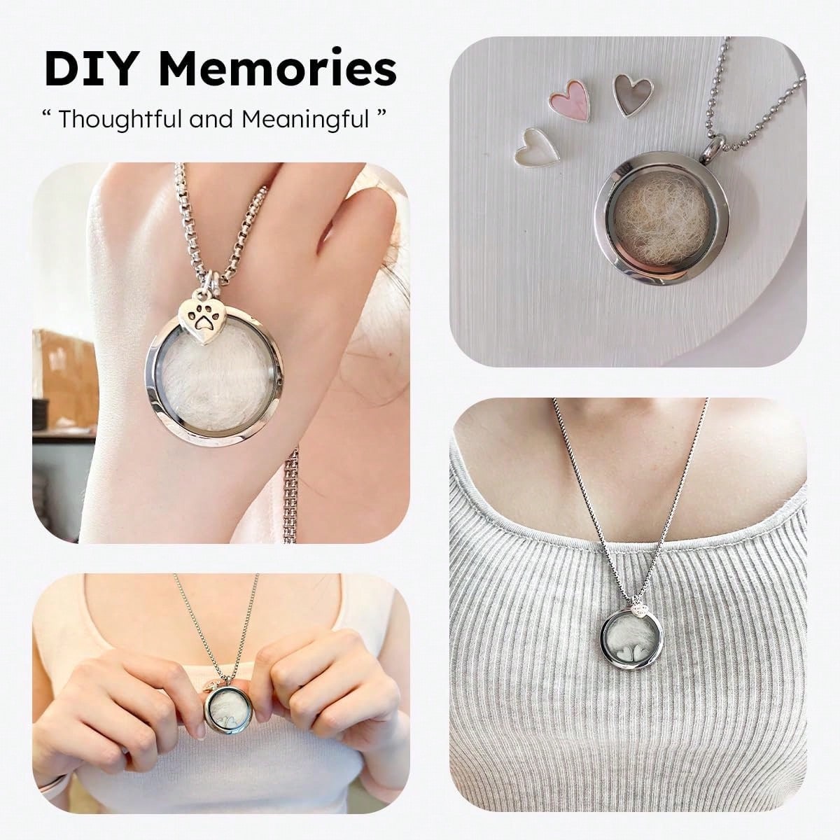 1Pc DIY Pet Hair & Teeth Memorial Locket Necklace, Rotatable Glass Memory Pendant, Storage For Cat Dog Fur & Tiny Teeth, With Heart Charms, Sentimental Keepsake Jewelry Gift For Pet Owners