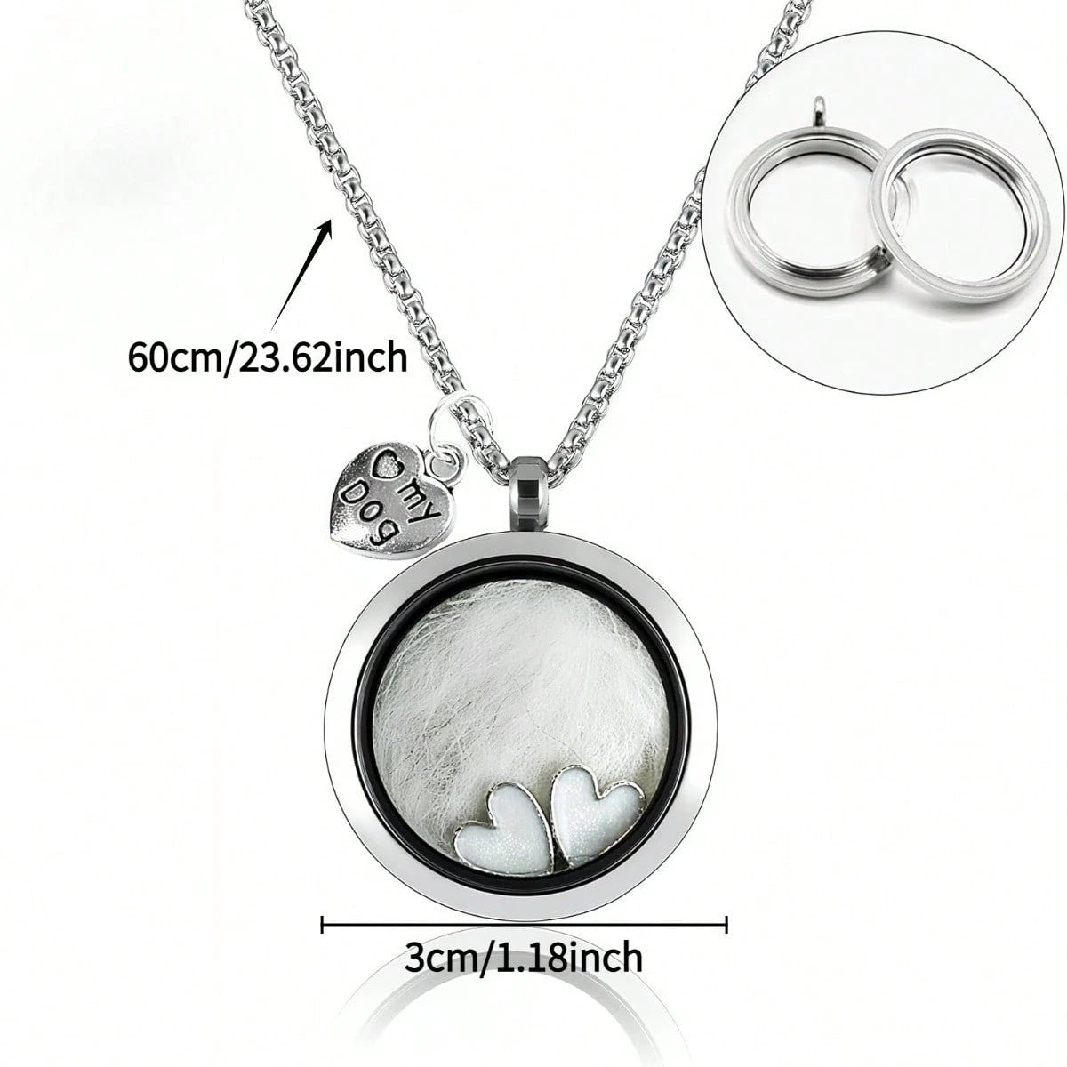 1Pc DIY Pet Hair & Teeth Memorial Locket Necklace, Rotatable Glass Memory Pendant, Storage For Cat Dog Fur & Tiny Teeth, With Heart Charms, Sentimental Keepsake Jewelry Gift For Pet Owners