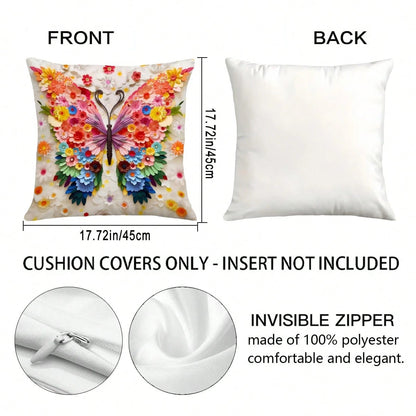 1pc Dreamy Floral Butterfly Theme Throw Pillow Cover, Colorful Floral Art Style Home Decor Cushion, Lightweight Polyester Single-Sided Printed, Suitable For Bedroom, Living Room, Sofa Decoration