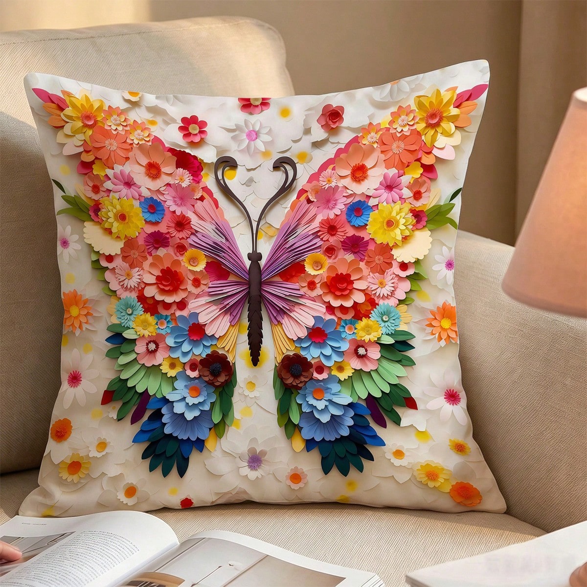1pc Dreamy Floral Butterfly Theme Throw Pillow Cover, Colorful Floral Art Style Home Decor Cushion, Lightweight Polyester Single-Sided Printed, Suitable For Bedroom, Living Room, Sofa Decoration