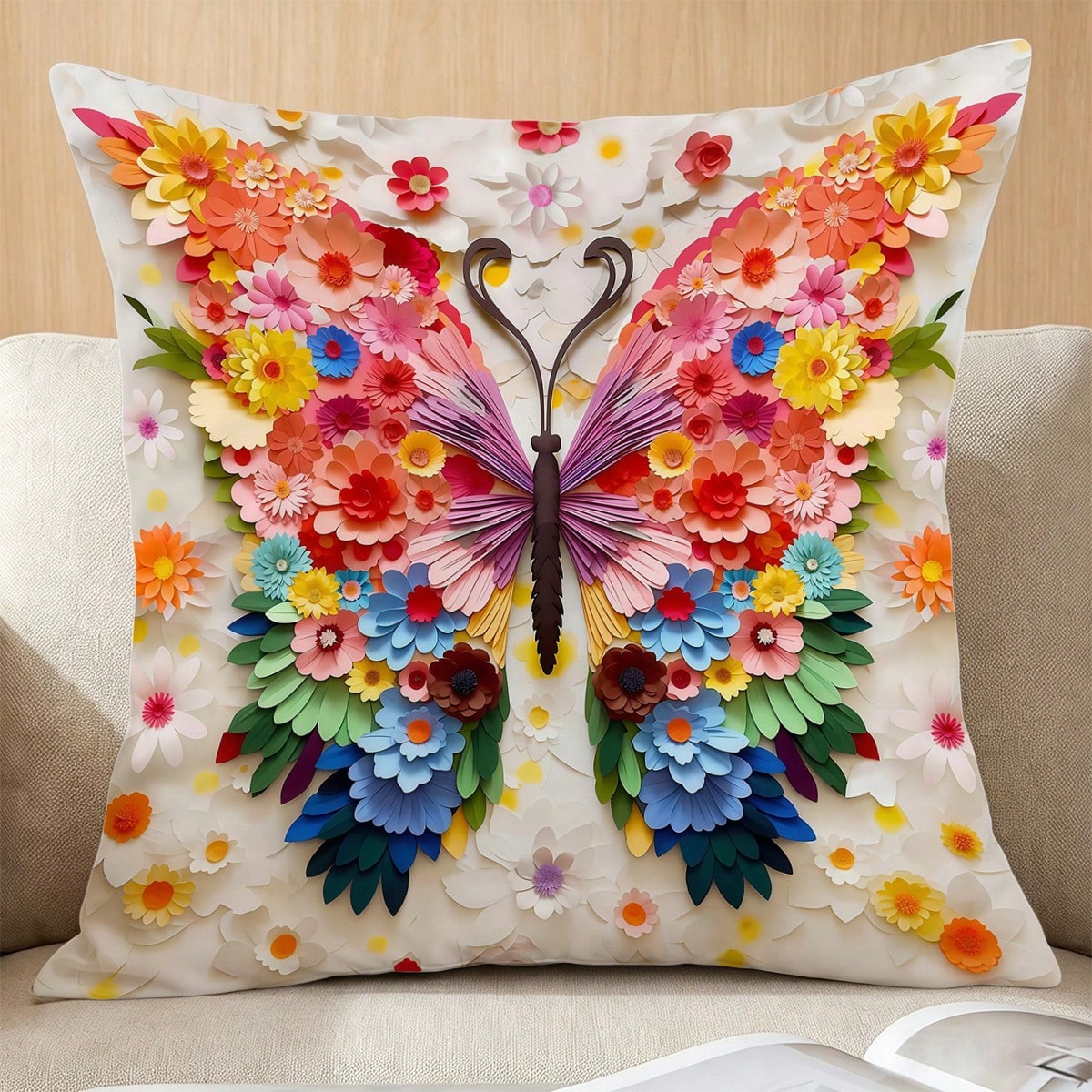1pc Dreamy Floral Butterfly Theme Throw Pillow Cover, Colorful Floral Art Style Home Decor Cushion, Lightweight Polyester Single-Sided Printed, Suitable For Bedroom, Living Room, Sofa Decoration