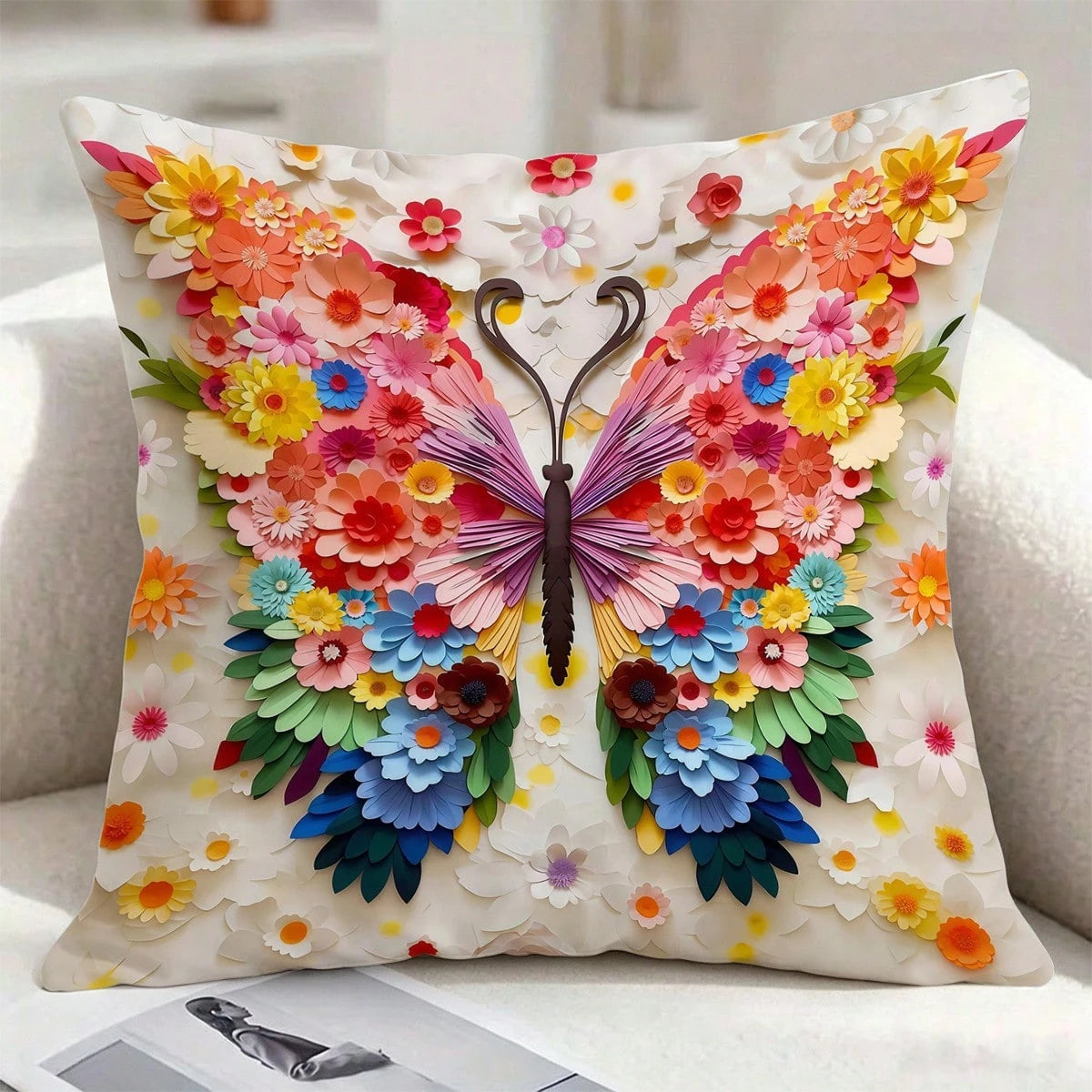 1pc Dreamy Floral Butterfly Theme Throw Pillow Cover, Colorful Floral Art Style Home Decor Cushion, Lightweight Polyester Single-Sided Printed, Suitable For Bedroom, Living Room, Sofa Decoration