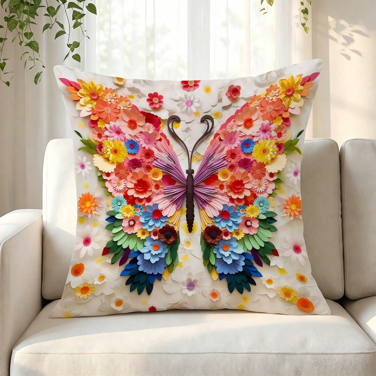 1pc Dreamy Floral Butterfly Theme Throw Pillow Cover, Colorful Floral Art Style Home Decor Cushion, Lightweight Polyester Single-Sided Printed, Suitable For Bedroom, Living Room, Sofa Decoration