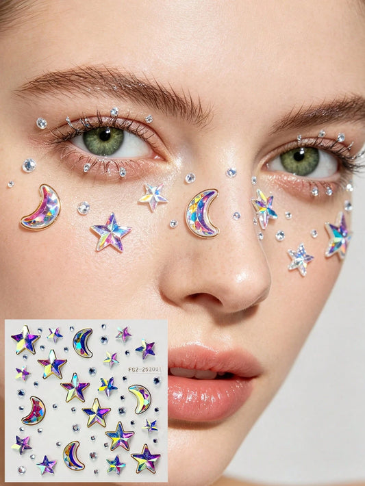 1pc Dreamy Princess Style Iridescent Star & Moon Face Rhinestone Stickers, Back To School Makeup Gift Set, Rainbow AB Self-Adhesive Face Decor, Suitable For Music Festivals, Parties And DIY Crafts