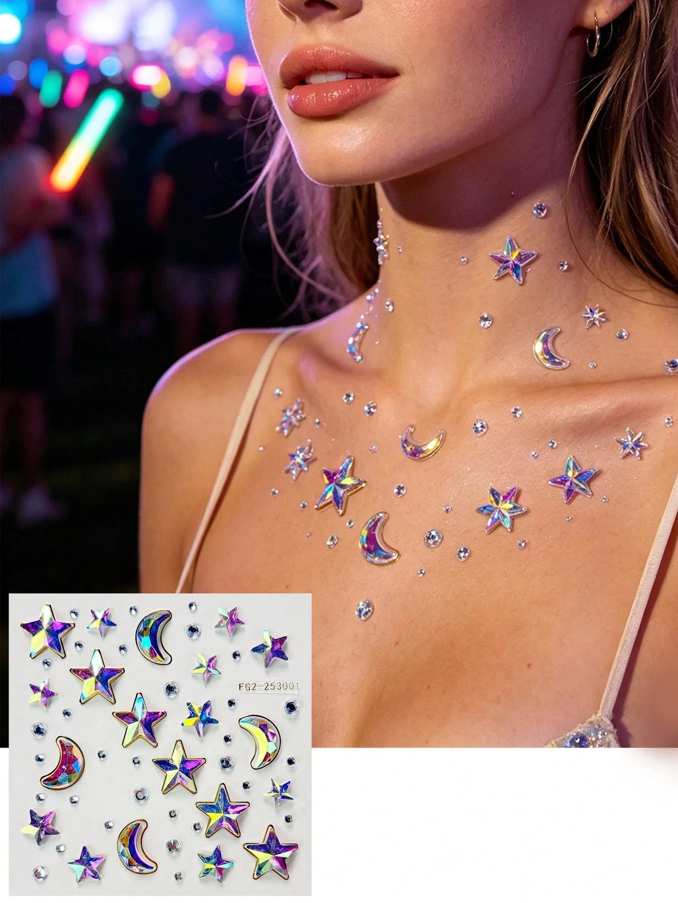 1pc Dreamy Princess Style Iridescent Star & Moon Face Rhinestone Stickers, Back To School Makeup Gift Set, Rainbow AB Self-Adhesive Face Decor, Suitable For Music Festivals, Parties And DIY Crafts
