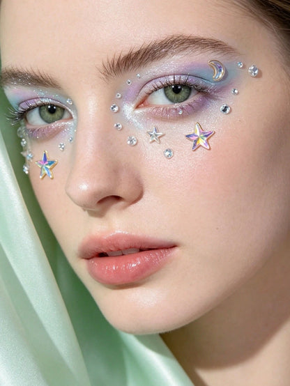 1pc Dreamy Princess Style Iridescent Star & Moon Face Rhinestone Stickers, Back To School Makeup Gift Set, Rainbow AB Self-Adhesive Face Decor, Suitable For Music Festivals, Parties And DIY Crafts
