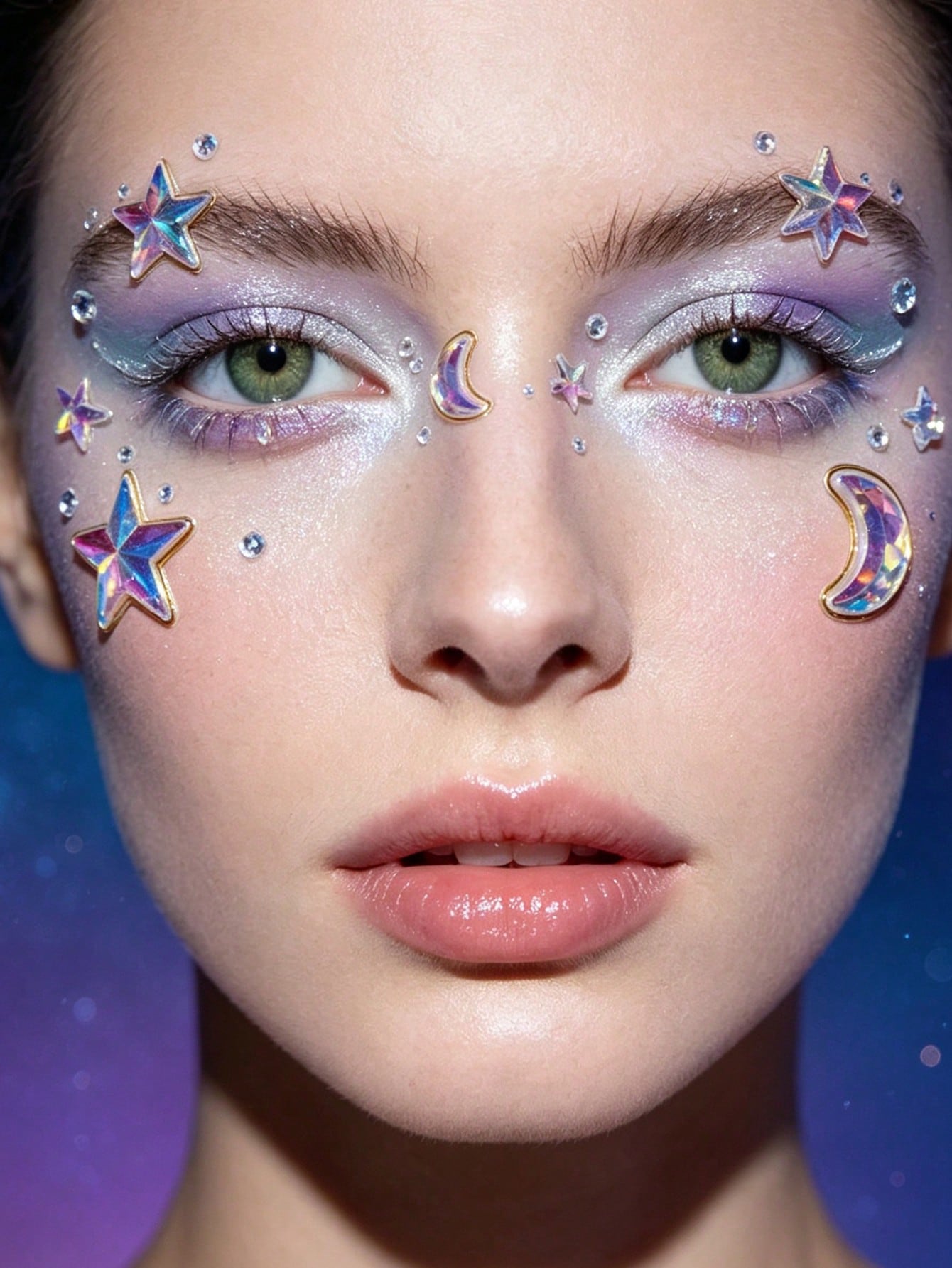 1pc Dreamy Princess Style Iridescent Star & Moon Face Rhinestone Stickers, Back To School Makeup Gift Set, Rainbow AB Self-Adhesive Face Decor, Suitable For Music Festivals, Parties And DIY Crafts