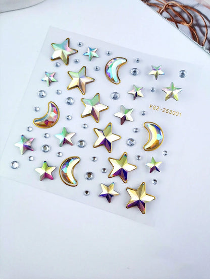 1pc Dreamy Princess Style Iridescent Star & Moon Face Rhinestone Stickers, Back To School Makeup Gift Set, Rainbow AB Self-Adhesive Face Decor, Suitable For Music Festivals, Parties And DIY Crafts