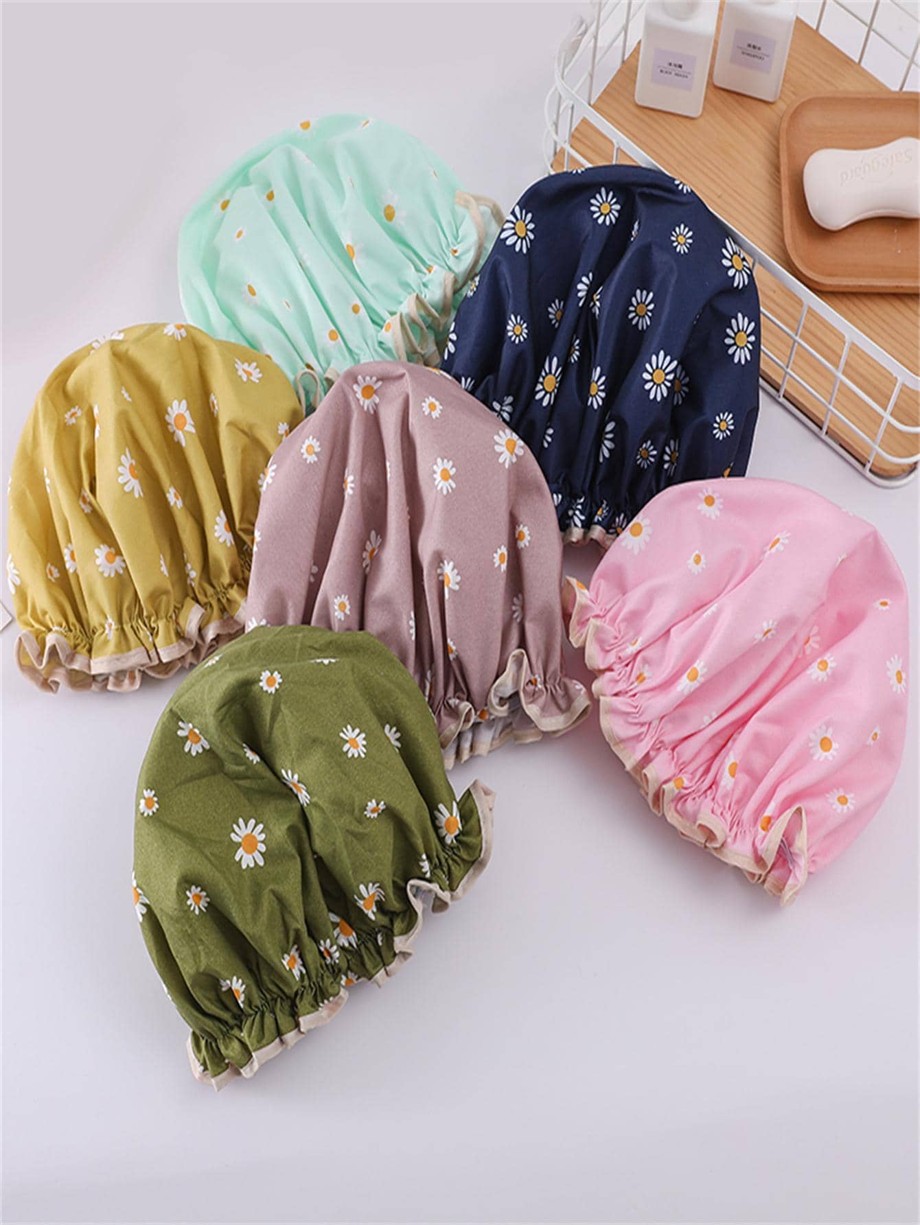 1pc Dual-Layer Daisy Patterned Waterproof Shower Cap Back To School