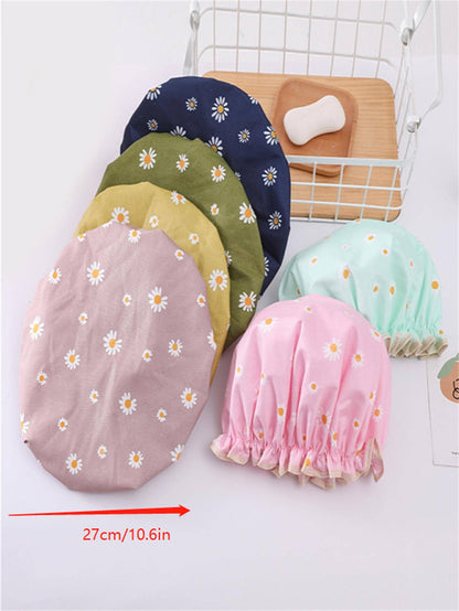 1pc Dual-Layer Daisy Patterned Waterproof Shower Cap Back To School