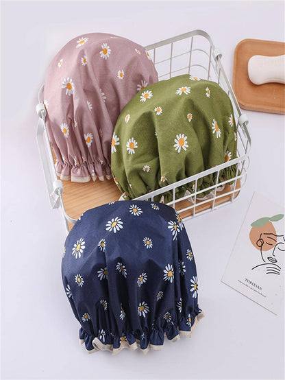 1pc Dual-Layer Daisy Patterned Waterproof Shower Cap Back To School
