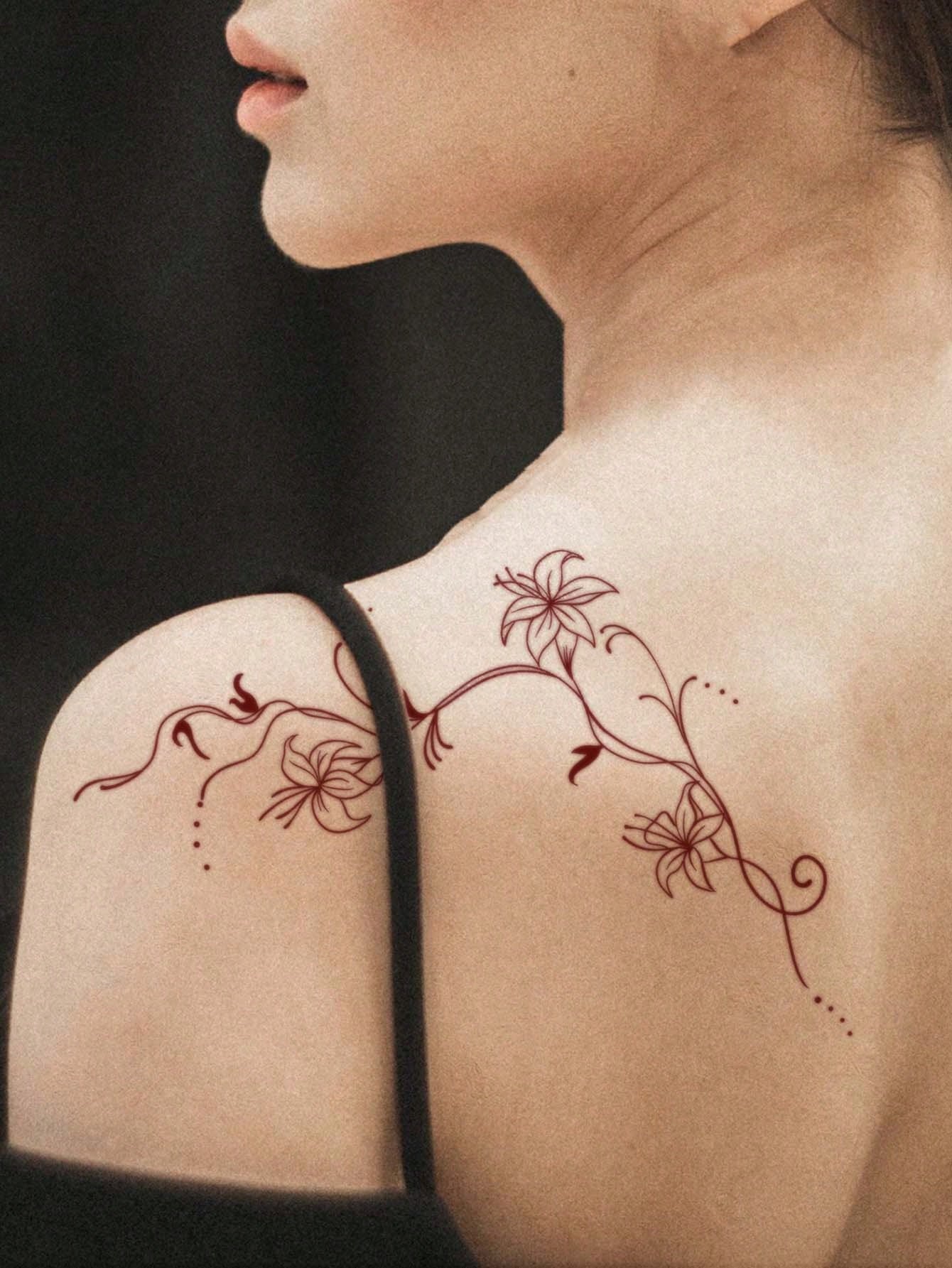 1pc East Asian Art Style Red Flower Temporary Tattoo Sticker, Waterproof, Sweatproof, Disposable Use, Arm/Back Adhesive, Suitable For Fashionable People's Daily Use
