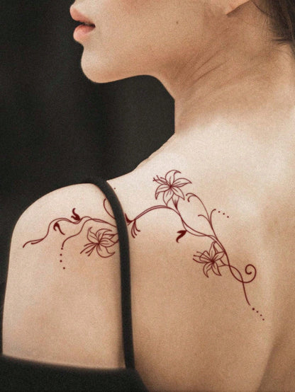 1pc East Asian Art Style Red Flower Temporary Tattoo Sticker, Waterproof, Sweatproof, Disposable Use, Arm/Back Adhesive, Suitable For Fashionable People's Daily Use