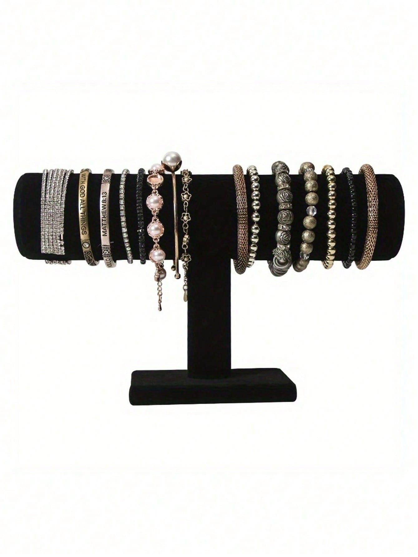 1pc Elegant Black Velvet T-Bar Bracelet Display Stand- Tabletop Jewelry Holder, Mother's Day Gift, Suitable For Retail Display Cases, No Electricity Needed, Sturdy Plastic Base, Great For Necklaces