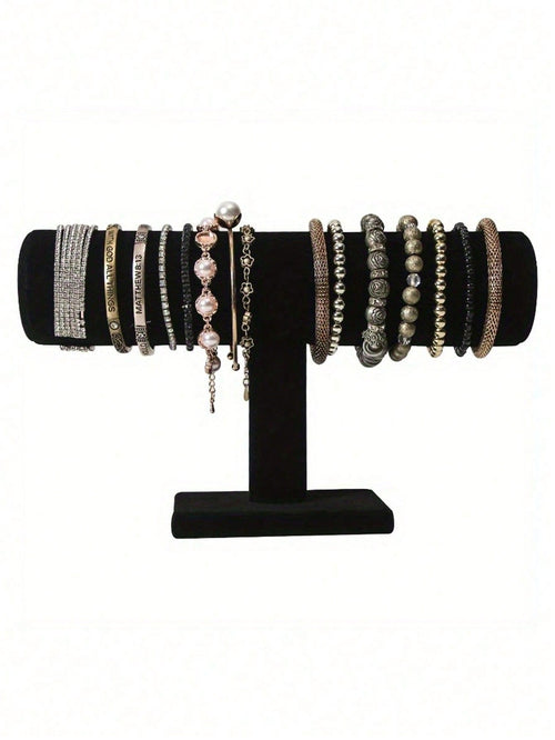 1pc Elegant Black Velvet T-Bar Bracelet Display Stand- Tabletop Jewelry Holder, Mother's Day Gift, Suitable For Retail Display Cases, No Electricity Needed, Sturdy Plastic Base, Great For Necklaces