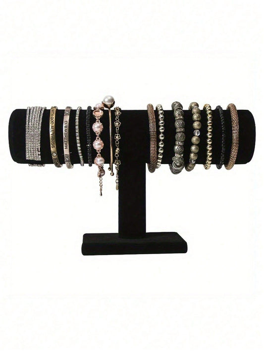 1pc Elegant Black Velvet T-Bar Bracelet Display Stand- Tabletop Jewelry Holder, Mother's Day Gift, Suitable For Retail Display Cases, No Electricity Needed, Sturdy Plastic Base, Great For Necklaces