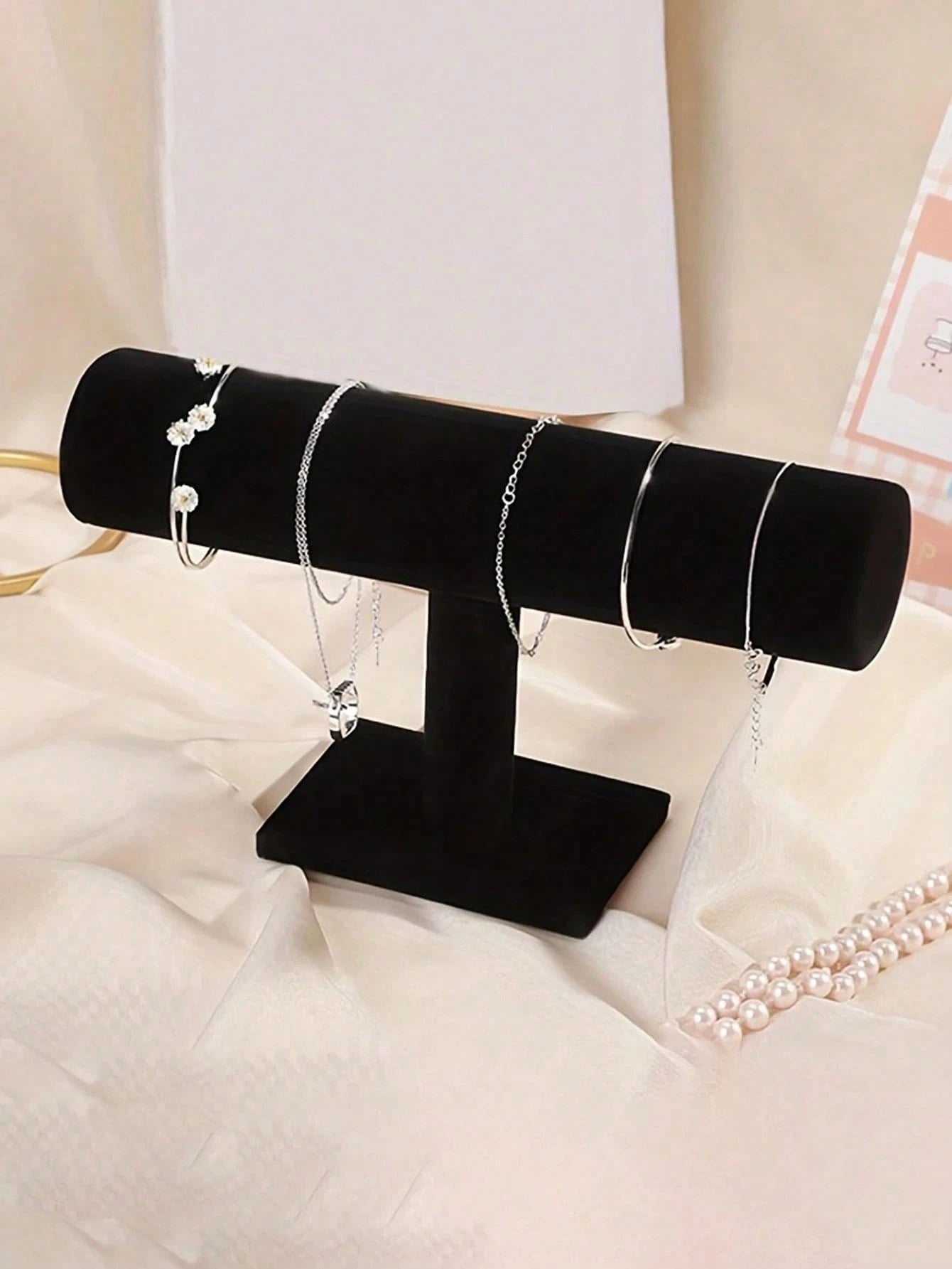 1pc Elegant Black Velvet T-Bar Bracelet Display Stand- Tabletop Jewelry Holder, Mother's Day Gift, Suitable For Retail Display Cases, No Electricity Needed, Sturdy Plastic Base, Great For Necklaces