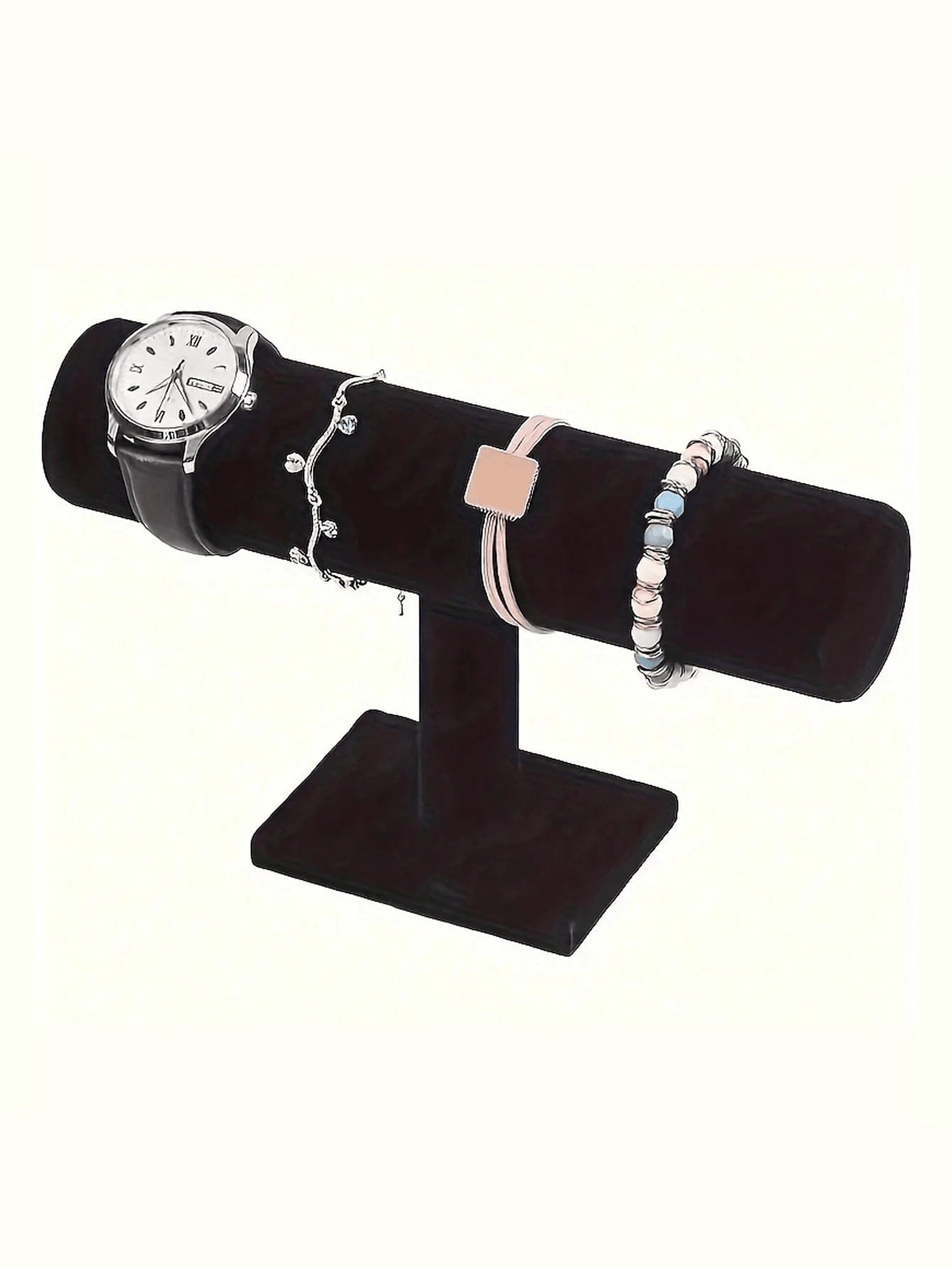 1pc Elegant Black Velvet T-Bar Bracelet Display Stand- Tabletop Jewelry Holder, Mother's Day Gift, Suitable For Retail Display Cases, No Electricity Needed, Sturdy Plastic Base, Great For Necklaces