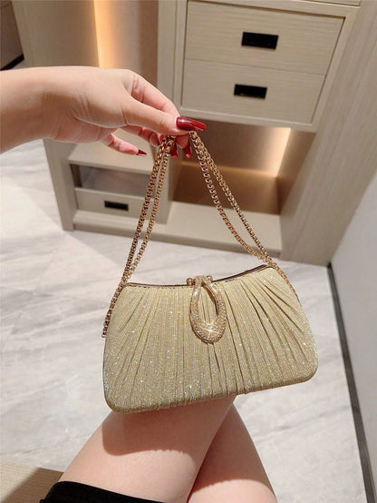 1pc Elegant Metal Lurex Box-Shaped Evening Bag, Fashion Metal Chain Decor Handbag, Luxury Formal Dress Party Clutch, Formal Event Tote Bag With Chain
