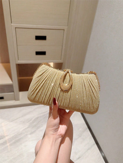 1pc Elegant Metal Lurex Box-Shaped Evening Bag, Fashion Metal Chain Decor Handbag, Luxury Formal Dress Party Clutch, Formal Event Tote Bag With Chain