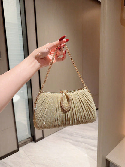 1pc Elegant Metal Lurex Box-Shaped Evening Bag, Fashion Metal Chain Decor Handbag, Luxury Formal Dress Party Clutch, Formal Event Tote Bag With Chain