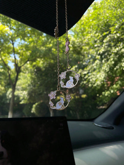 1pc Enamel Flower Cat Pendant, Pink Floral Round Alloy Sakura Charm, Japanese Style Gold-Plated DIY Jewelry Accessory, Car Rearview Mirror Hanging Decor