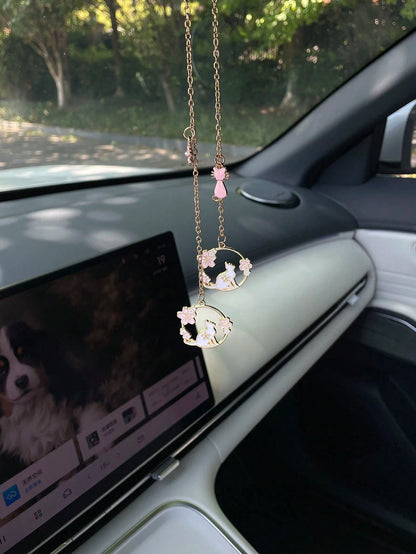 1pc Enamel Flower Cat Pendant, Pink Floral Round Alloy Sakura Charm, Japanese Style Gold-Plated DIY Jewelry Accessory, Car Rearview Mirror Hanging Decor