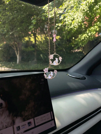 1pc Enamel Flower Cat Pendant, Pink Floral Round Alloy Sakura Charm, Japanese Style Gold-Plated DIY Jewelry Accessory, Car Rearview Mirror Hanging Decor