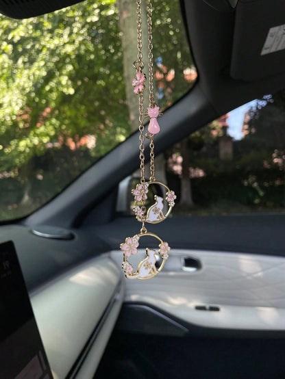 1pc Enamel Flower Cat Pendant, Pink Floral Round Alloy Sakura Charm, Japanese Style Gold-Plated DIY Jewelry Accessory, Car Rearview Mirror Hanging Decor