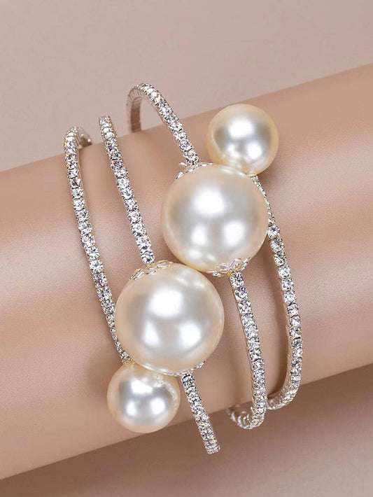 1pc Exquisite Rhinestone & Faux Pearl Decor Bangle For Women For Daily Decoration Elegant Valentine's Day Accessories