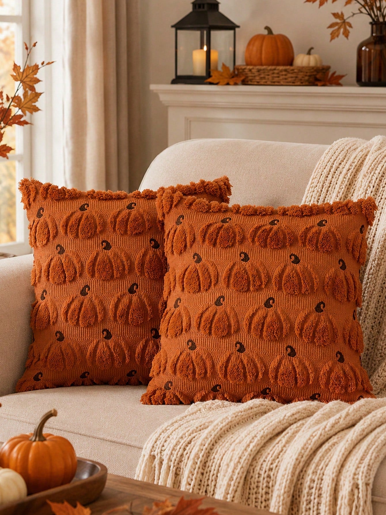 1pc Fall Pillow Covers, Pumpkin Pattern Embroidery Decorative Throws Pillowcases Autumn Halloween Soft Plush Faux Wool Pillows For Home Couch Sofa Bedroom Chair