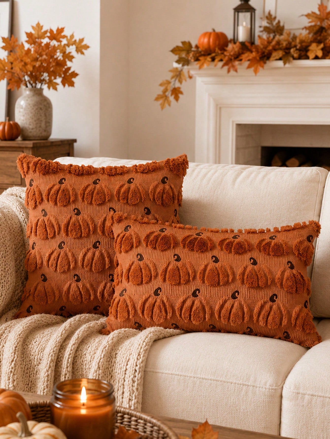 1pc Fall Pillow Covers, Pumpkin Pattern Embroidery Decorative Throws Pillowcases Autumn Halloween Soft Plush Faux Wool Pillows For Home Couch Sofa Bedroom Chair